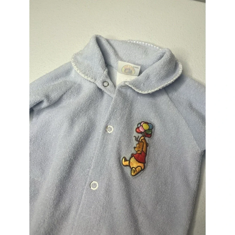 Vtg Winnie The Pooh‎ Terry Cloth One Piece Sleeper Pajamas Blue Size 12 Months